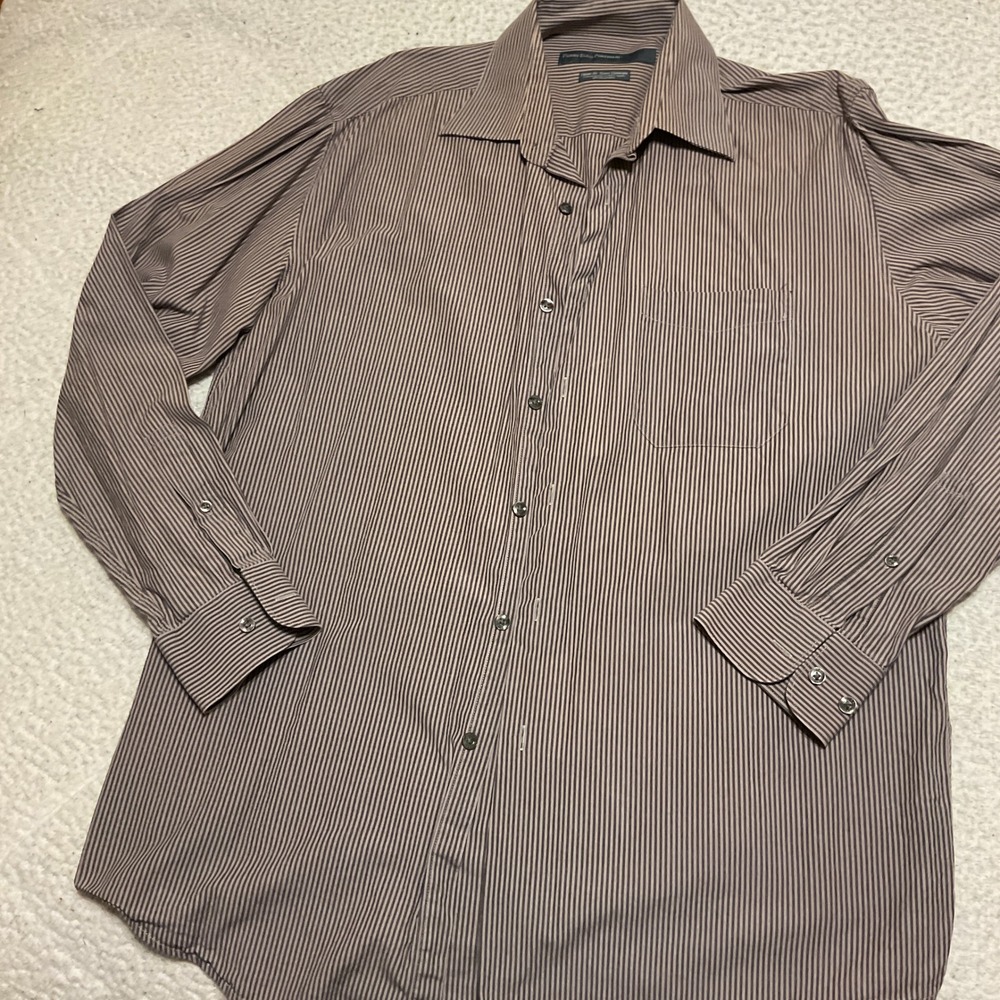 Perry Ellis Button Down Mens 16 34/35 Brown Excellent Striped Classic Fit